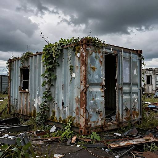 Photograph of a rusted, abandoned corrugated metal shed overgrown with vines, surrounded by debris, under a dramatic cloudy sky.
