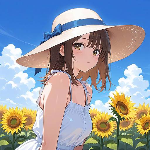 Sunflower Girl in White Sundress