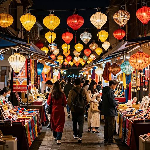 Photograph of a vibrant night market with colorful hanging lanterns, busy shoppers, and illuminated stalls selling various goods.