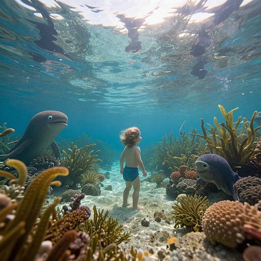 Photograph of a young child in blue swim trunks, standing underwater, surrounded by two dolphins and colorful coral reef. Sunlight filters through the water