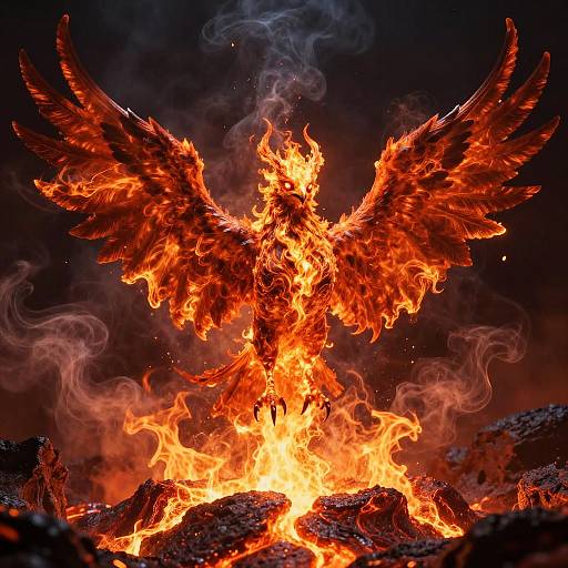 Photograph of a fiery, majestic phoenix with outstretched wings, engulfed in intense orange and red flames, with dark smoke swirling around.