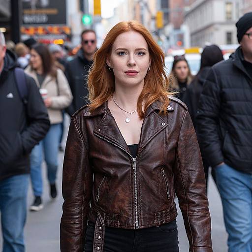 Photograph of a red-haired woman with fair skin, wearing a brown leather jacket and black top, standing in a bustling city street at night, surrounded