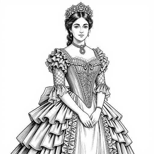 Black-and-white line drawing of a young woman in an elaborate Victorian-style dress with a frilled bodice and layered skirt, wearing a tiara.