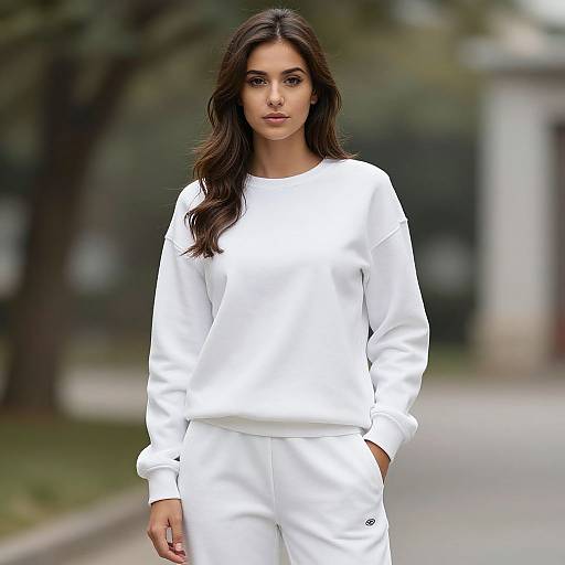 Photograph of a young woman with long, wavy brown hair wearing a white sweater and matching white pants, standing outdoors with a blurred green and gray