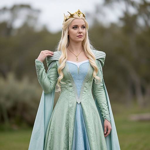 Photograph of a blonde woman with long wavy hair, wearing a green and blue medieval-style gown, gold crown, and necklace, standing in a
