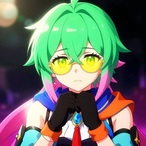 Digital anime-style illustration of a green-haired character with yellow sunglasses, black gloves, and colorful accessories, looking serious against a dark background.
