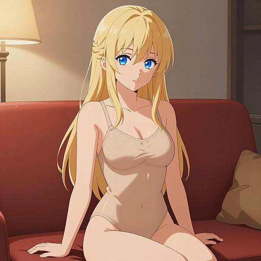 Blonde Anime Woman in Beige Bodysuit
