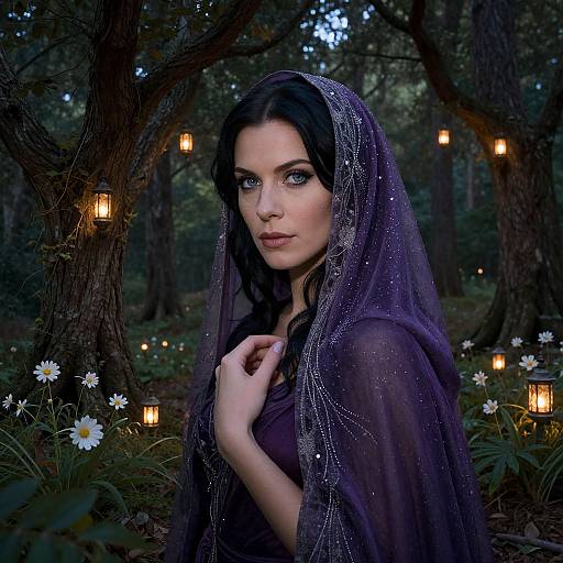 Photorealistic digital portrait of a beautiful woman with dark hair, wearing a sparkly purple veil and dress, surrounded by glowing lanterns and white d