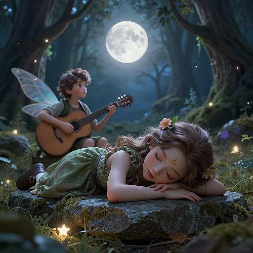 Sleeping Fairy and Guitar-Playing Fae in Magical Forest
