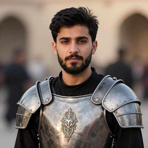 Photograph of a bearded man with dark hair, wearing silver medieval armor over a black shirt, standing in a blurred outdoor setting.