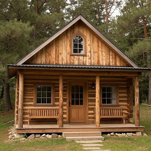 Photograph of a rustic log cabin with a wooden porch, brown door, two windows, arched window above, surrounded by trees.