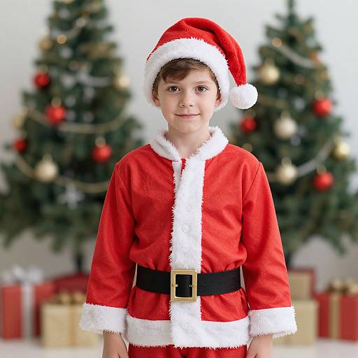 Photograph of a young boy in a red Santa outfit with white fur trim, black belt, and hat, standing in front of two decorated Christmas trees