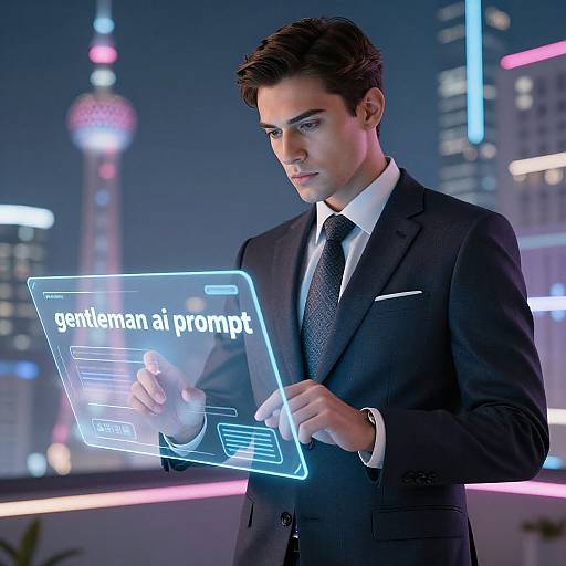 Photograph of a handsome, dark-haired man in a black suit, white shirt, and tie, holding a glowing holographic screen with 