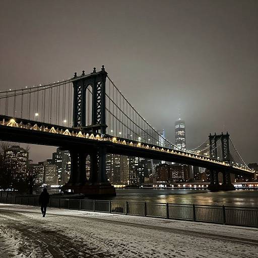 Photograph of the Brooklyn Bridge at night, illuminated with lights, over a snow-covered river with a lone figure walking along the path and a city skyline