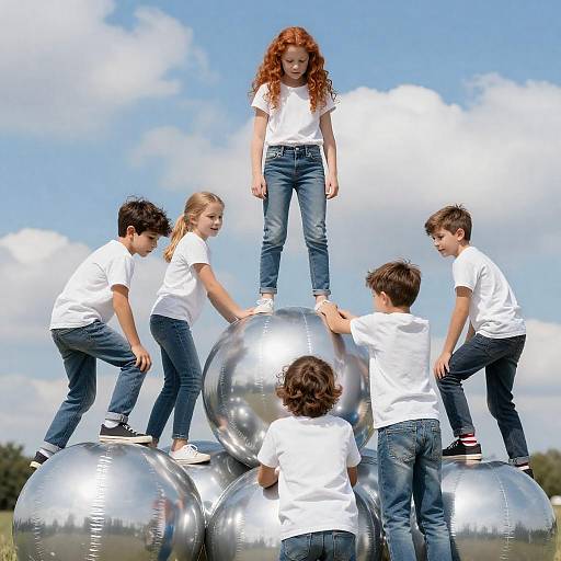 Joyful Children Climbing on Silver Balloons