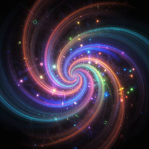 Photograph of a vibrant, colorful spiral galaxy with glowing neon-like rings and star-like points against a dark cosmic background.