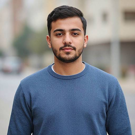 Photograph of a young, bearded man with short black hair, wearing a blue knit sweater, standing in a blurred urban background.