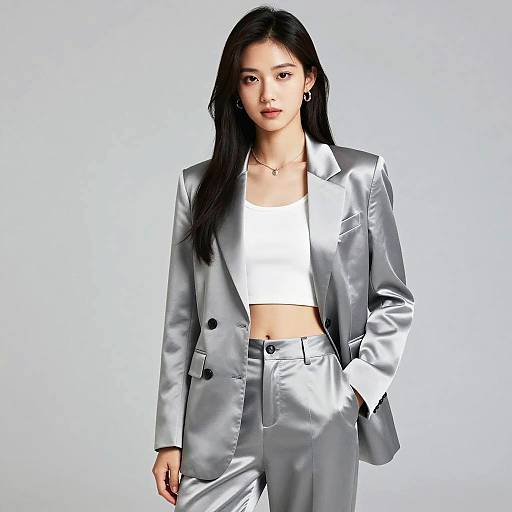Confident Woman in Silver Suit
