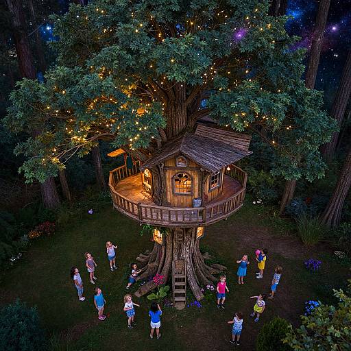 Photograph of a whimsical treehouse adorned with twinkling lights, surrounded by children in colorful clothes, nestled in a lush, dark forest at night