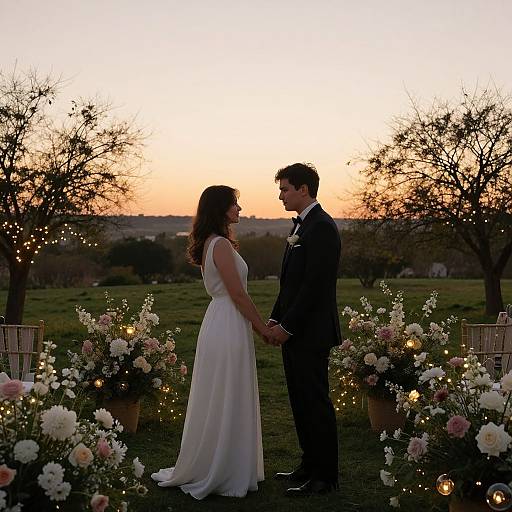 Photograph of a bride in a white dress and groom in a black suit holding hands at sunset, surrounded by floral arrangements and twinkling lights.