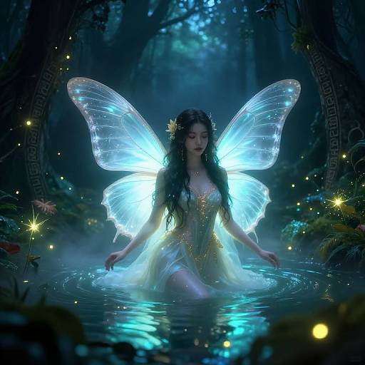 Digital artwork of a luminous fairy with glowing blue wings, kneeling in a mystical forest pond, surrounded by fireflies and ethereal light.