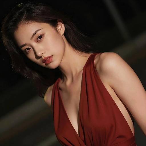 Woman in Deep V-Neck Red Dress at Night