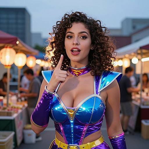 Photograph of a curly-haired woman with fair skin in a shiny blue and purple Wonder Woman-inspired costume, pointing a finger, at an evening market with