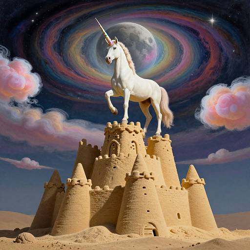 Photograph-like CGI of a white unicorn with a horn, standing on a sandcastle, under a swirling, colorful galaxy sky.
