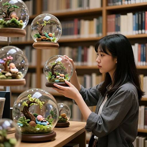 Photograph of an Asian woman with black hair in a gray shirt, carefully inspecting a glass snow globe with a miniature tree and moss, in a