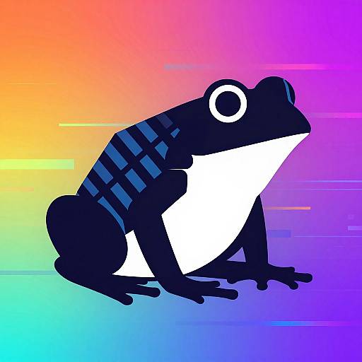 Digital illustration of a black frog with white belly, striped blue back, and large white eye, set against a vibrant rainbow gradient background.