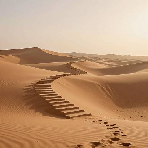 Photograph of a sunlit desert with a long, winding staircase made of stone steps cutting through rolling sand dunes. Footprints trail up the steps