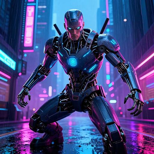CGI image of a glowing, black, armored Iron Man kneeling in a neon-lit, rain-soaked futuristic city street at night.