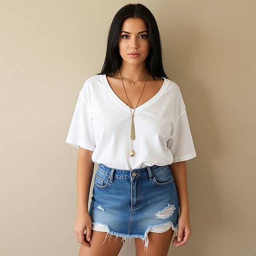 Photograph of a young woman with long black hair, wearing a loose white blouse and distressed blue denim skirt, standing against a plain beige background.