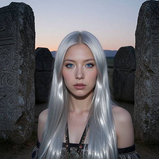 Photorealistic digital artwork of a fair-skinned, blue-eyed young woman with long, silver hair, standing between ancient, carved stone pillars at twilight