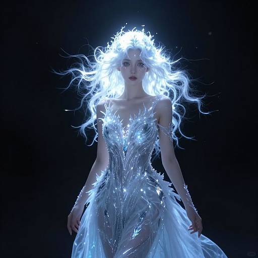 Photograph of a glowing, ethereal woman with white, luminous hair and a sparkling, silver dress, standing against a dark background.