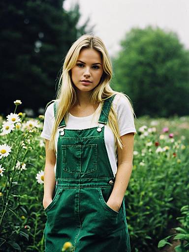 Blonde Woman in Green Dungaree Dress Outdoors