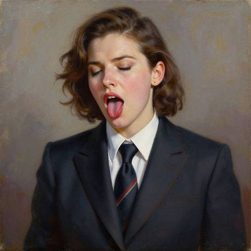 Digital painting of a fair-skinned woman with wavy brown hair, eyes closed, tongue out, wearing a black suit, white shirt, and striped