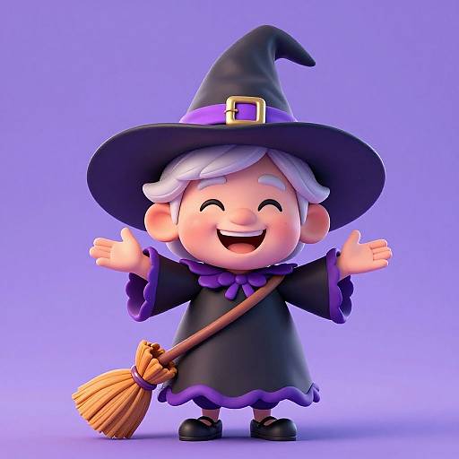 Chubby cartoon witch with white hair, black hat, purple bow, and broom, smiles joyfully with arms outstretched against a purple background
