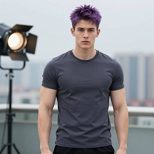 Photograph of a muscular, fair-skinned young man with spiky purple hair, wearing a tight black t-shirt, standing in front of a studio