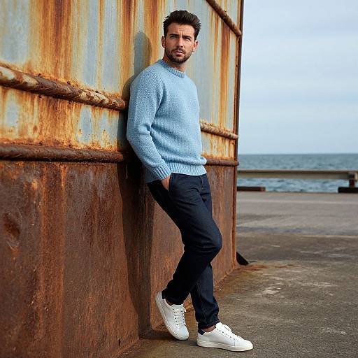 Photograph of a bearded man with short dark hair, wearing a light blue sweater, black pants, and white sneakers, leaning against a rusted