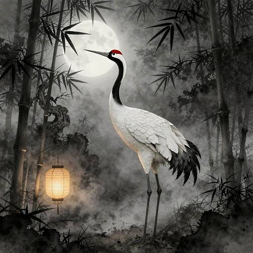 Graceful Crane in Foggy Bamboo Grove