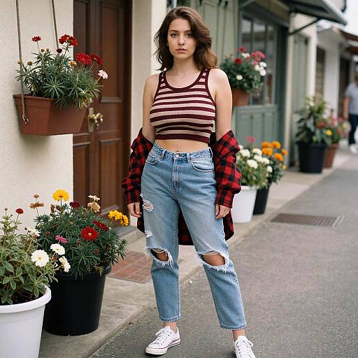 Photograph of a young woman with wavy brown hair, wearing a striped crop top, ripped jeans, and white sneakers, standing on a flower-lined