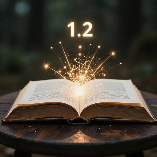Photograph of an open book on a wooden table, surrounded by sparkling golden fireworks, with the number 