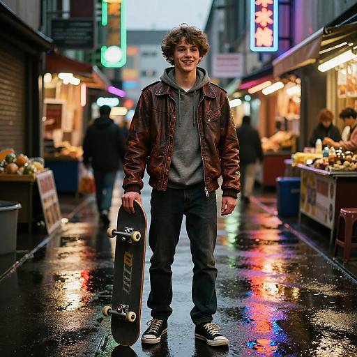 Skateboarder in Neon Night Market