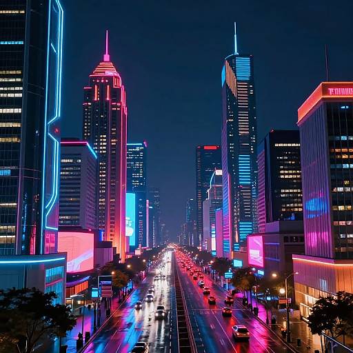 Neon-lit, futuristic cityscape photograph at night, showcasing vibrant blue, pink, and purple illuminated skyscrapers along a busy, glowing street