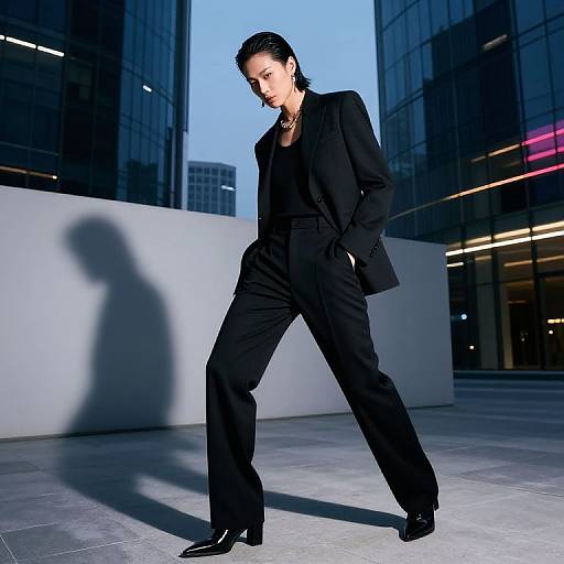 Photograph of a slender woman with slicked-back hair in a black tailored suit, black flats, and gold necklace, walking in a modern urban plaza