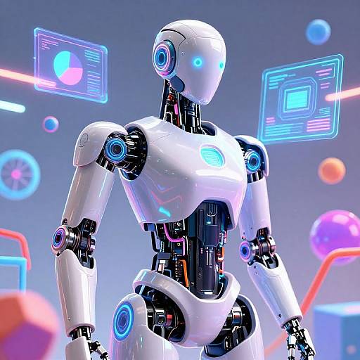 CGI image of a futuristic white humanoid robot with glowing blue accents, standing in a neon-lit, cyberpunk background with holographic screens.