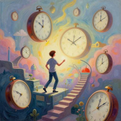 Digital painting: Silhouetted figure in white shirt and blue jeans walks on staircase of oversized clocks, surrounded by vibrant, swirling colors and flowers,