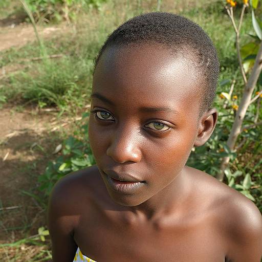 Photograph of a young, dark-skinned woman with short, curly hair, green eyes, and bare shoulders, looking directly at the camera in a