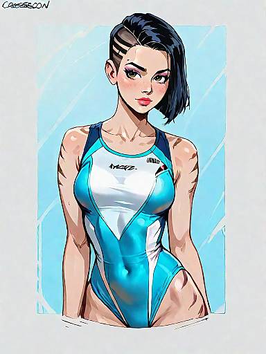 Girl in High-Cut Navy Blue Swimsuit on Beach